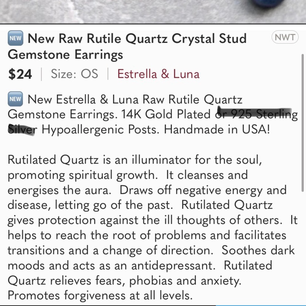 🆕 New Raw Rutile Quartz Crystal Stud Gemstone Earrings, gold posts - Picture 4 of 4